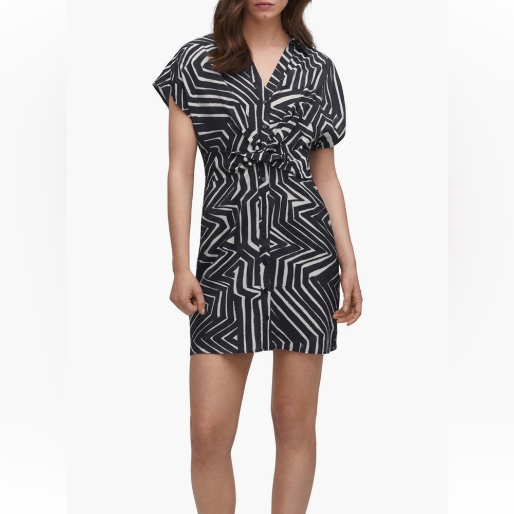 Size 6 Mango Women's Tropical Shirt Dress black white geometric dolman twist